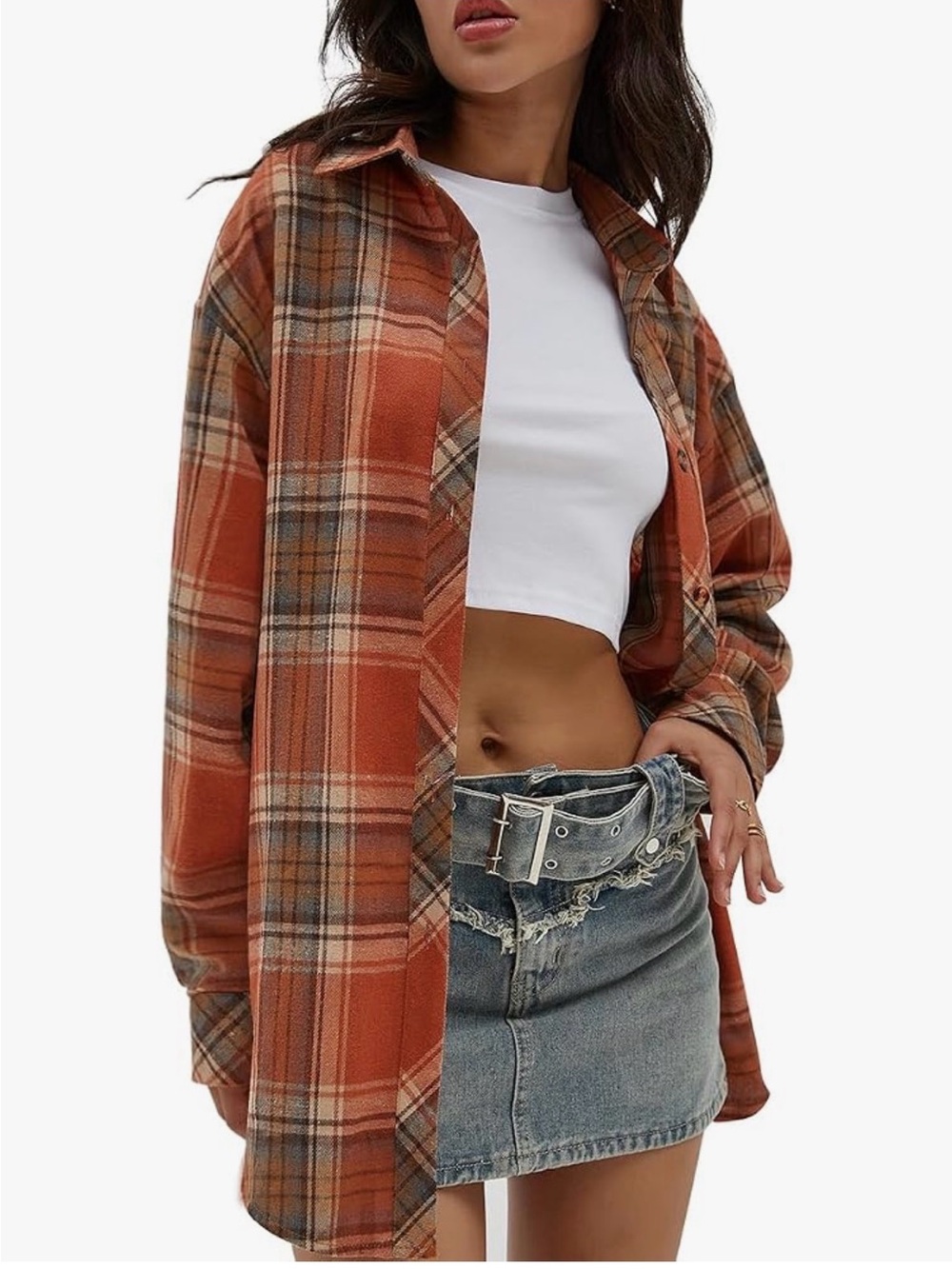 Rust Plaid Button-Down Shirt - Relaxed Oversized Fit